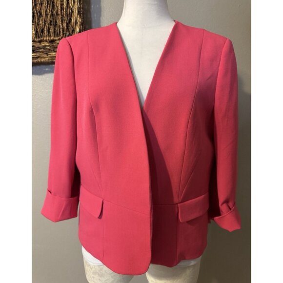 Kasper Elle Iconic Crepe Suit Jacket Blazer 14 Pink Open Front 3/4 Sleeve NEW - Picture 2 of 16